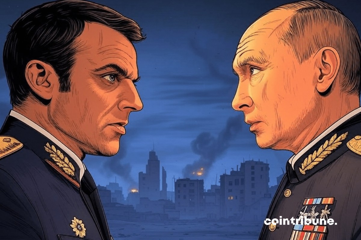 Illustration de deux officiers militaires (Emmanuel Macron et Vladimir Poutine) en uniforme se faisant face sur fond de ville en guerre, avec des flammes et de la fumée visibles dans le paysage urbain en arrière-plan.