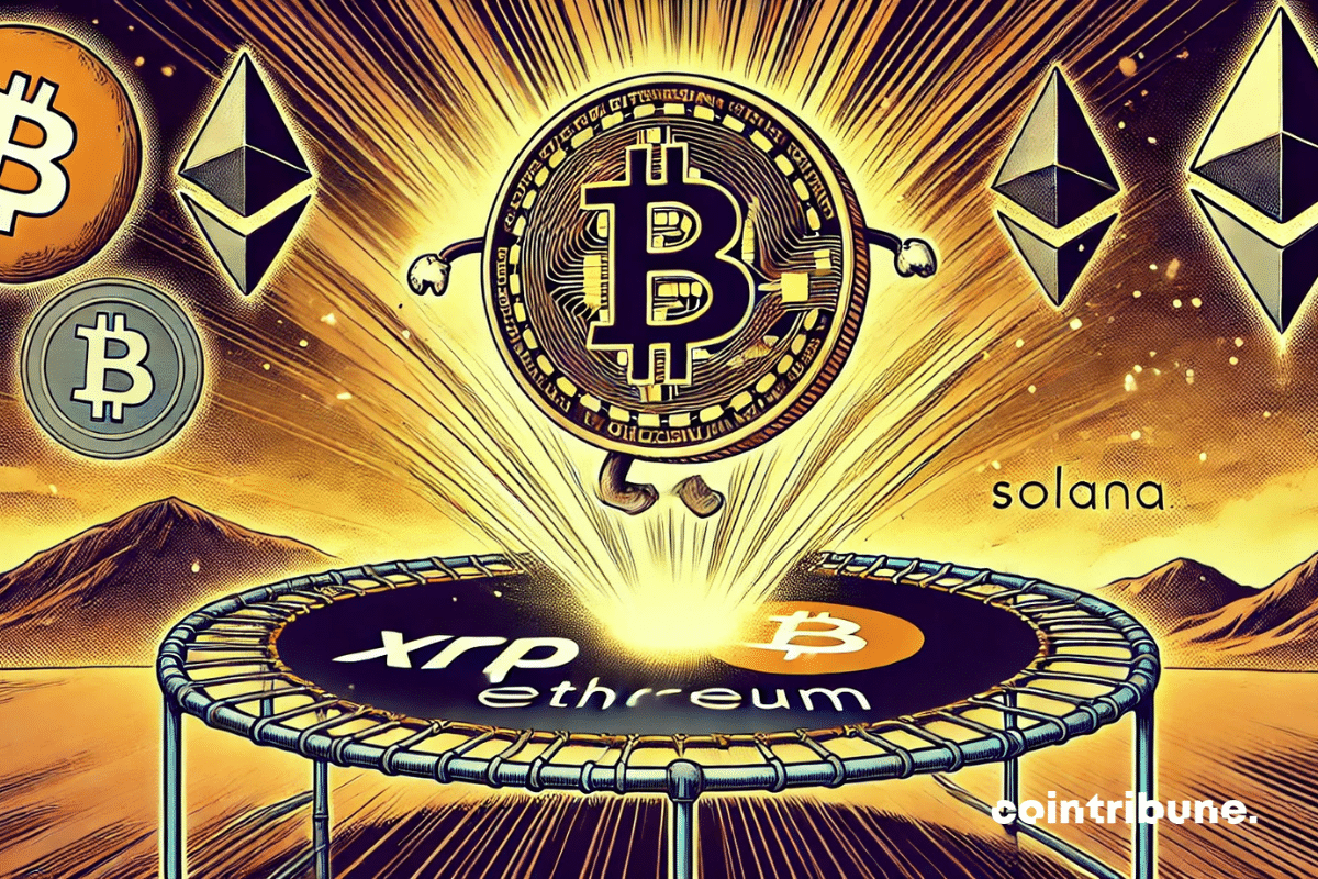 El Bitcoin rebotando en un trampolín, con Ethereum, Solana y XRP equilibrándose en una cuerda floja, simbolizando la incertidumbre del mercado.