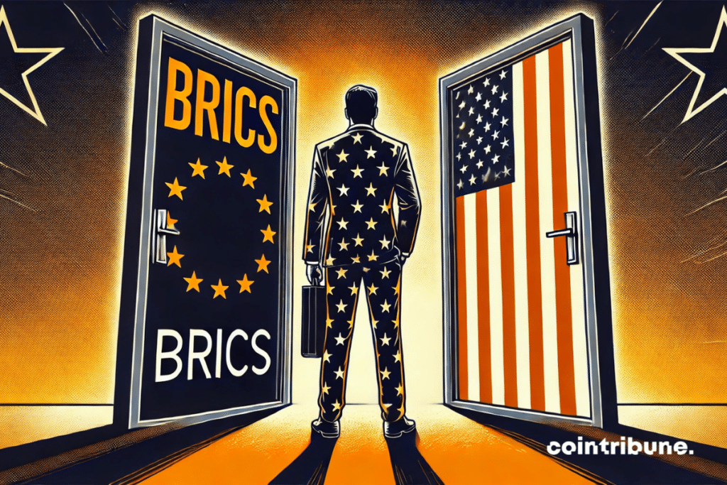 A man in a suit wearing the colors of the European flag stands before two doors, one labeled "BRICS" and the other adorned with the American flag.