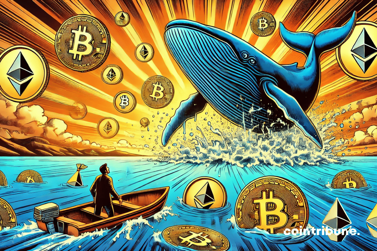 Une gigantesque baleine crypto et un investisseur émerveillé dans son petit bateau ! L’océan est rempli de symboles Bitcoin et Ethereum.