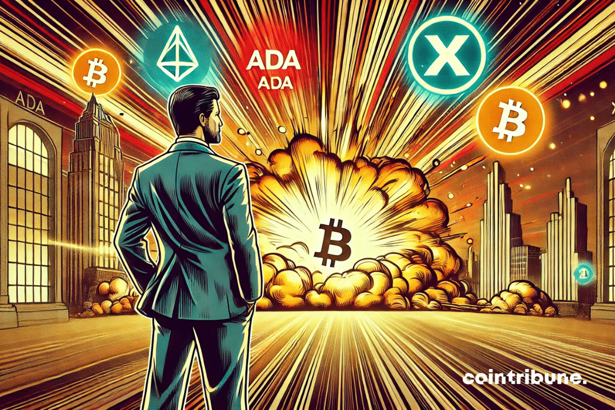 A powerful businessman in front of a digital explosion (ADA, XRP, and TRUMP) symbolizing the rise of the crypto market!