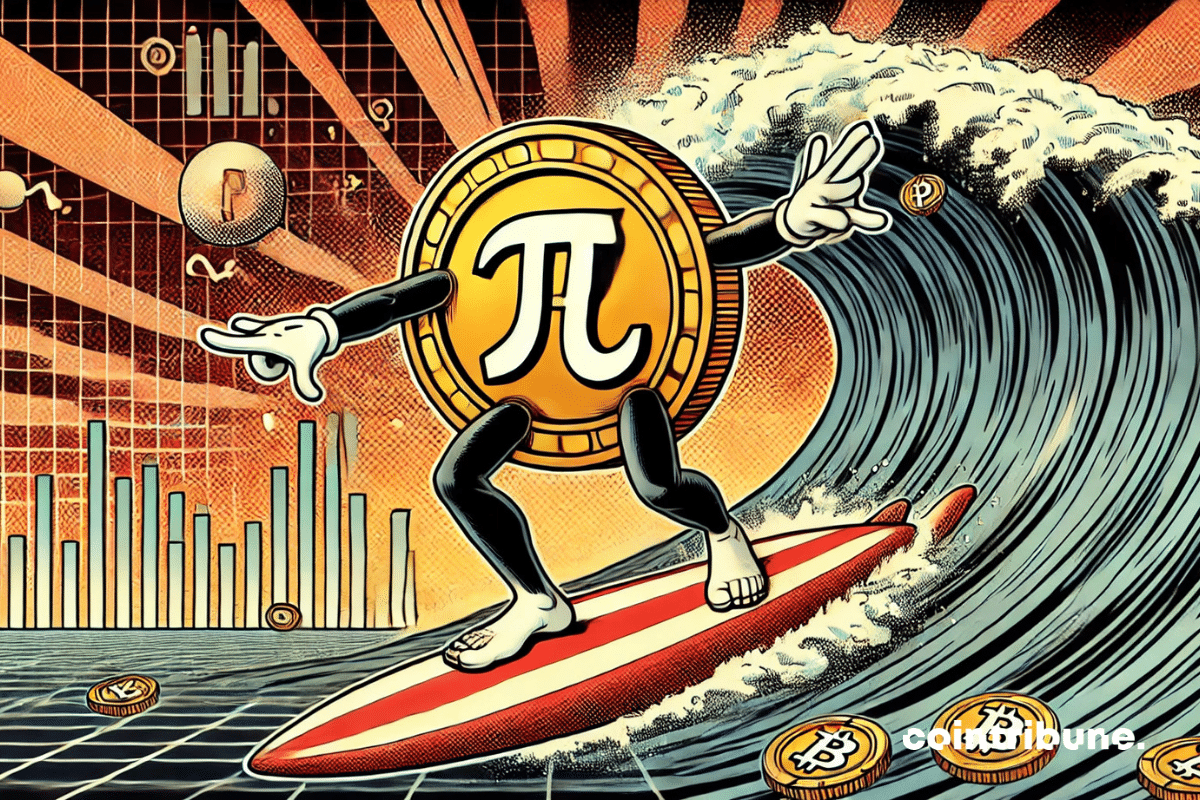 Crypto : an anthropomorphic Pi Network surfing a digital wave, symbolizing its rise in the market.