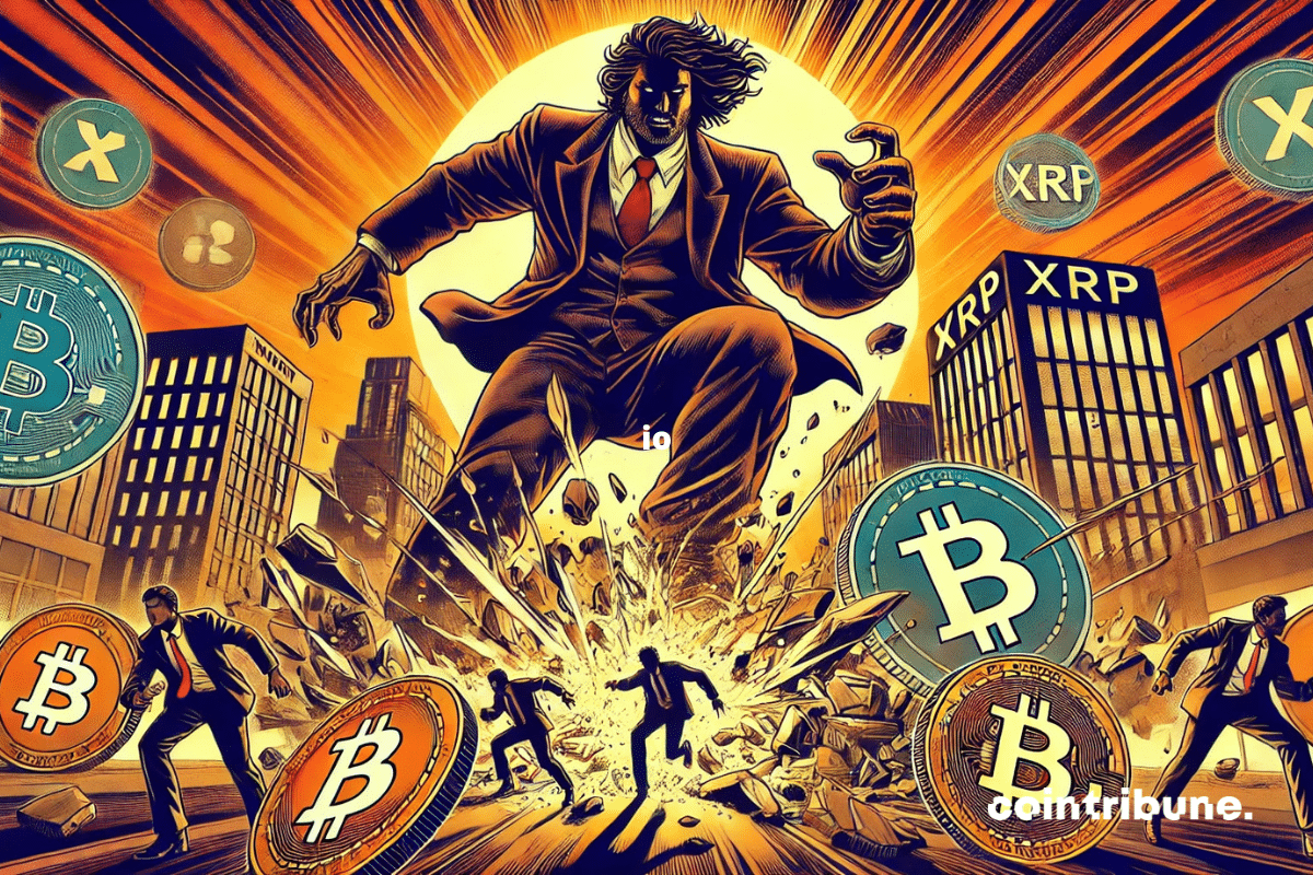 A giant crushes cryptocurrencies (Bitcoin, XRP, and Dogecoin) under its feet, creating a scene of financial chaos.