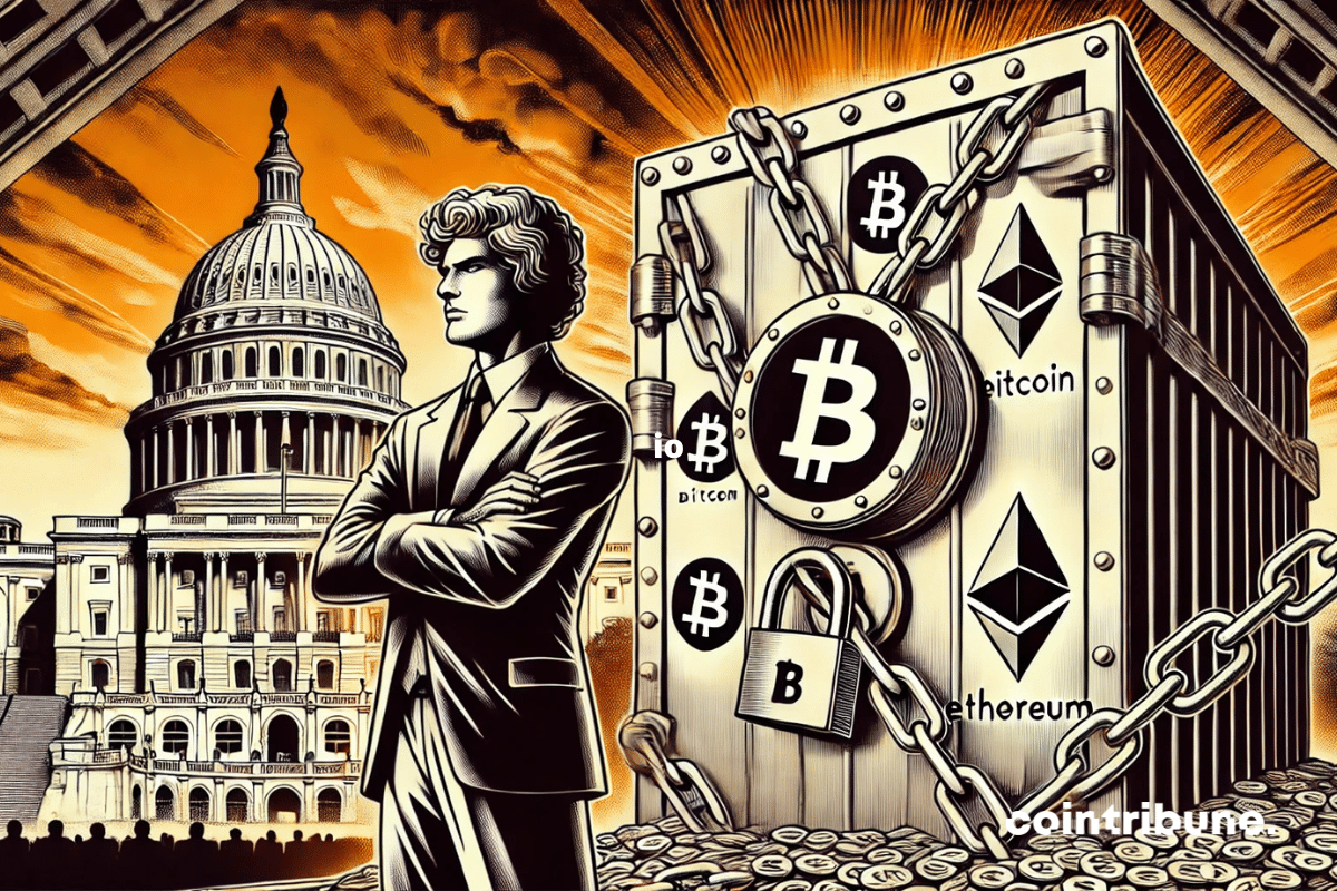 Bitcoin : Una bóveda cripto bloqueada por la oposición del Congreso, con un político frustrado (Trump) en primer plano.