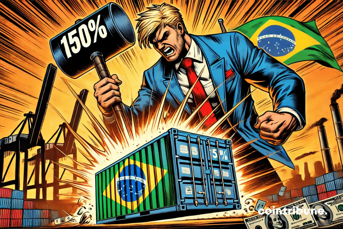 BRICS: the character (Trump) ready to strike the container bearing the Brazilian flag with a hammer marked "150%".