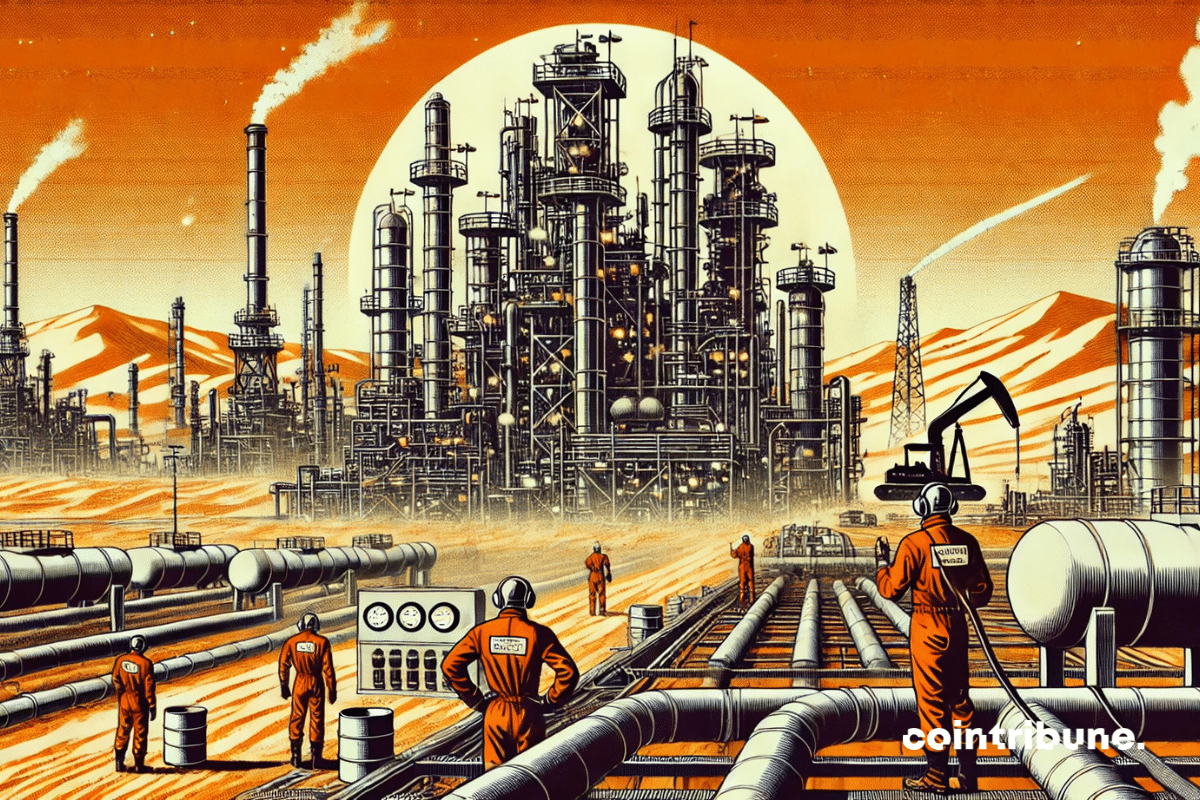 Oil : an oil refinery in the middle of the Saudi desert, with workers in action.