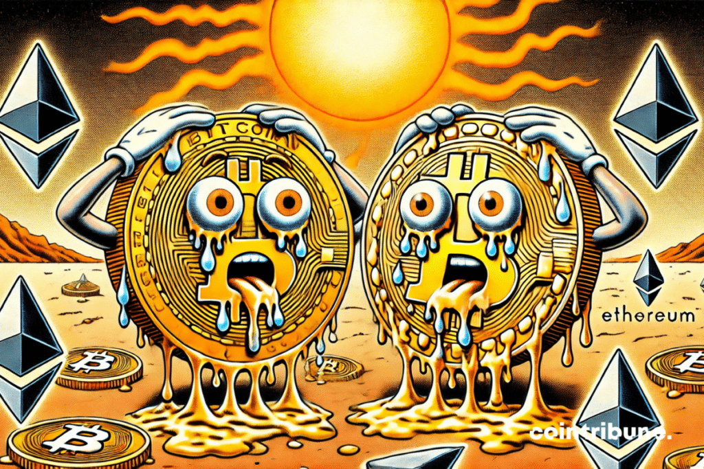 Crypto: Anthropomorphic Bitcoins and Ethereums melting under a scorching sun, expressing panic over the market crash.