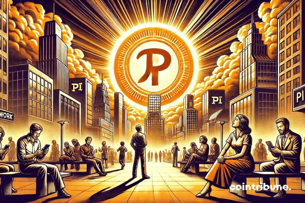 A futuristic city bathed in the golden light of the Pi Network sun, with inhabitants full of wonder and optimism, enjoying this new crypto era!