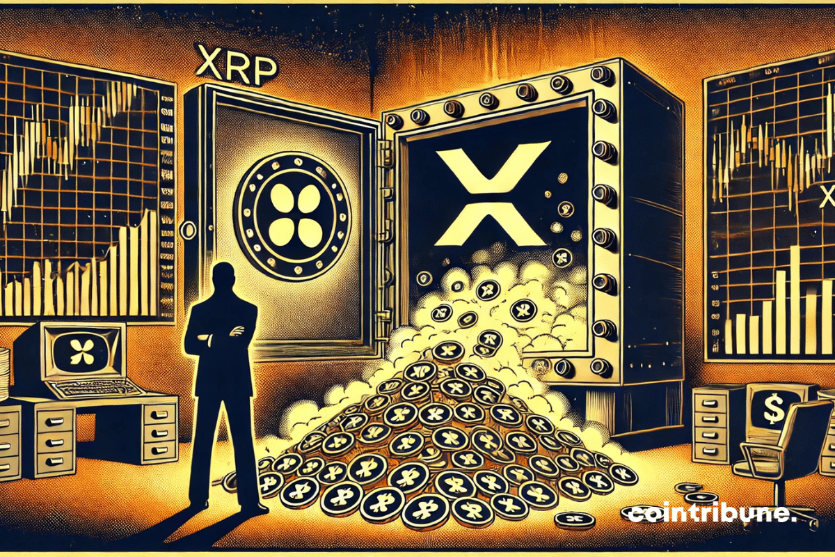 Le coffre-fort rempli de crypto XRP : le mystère et la manipulation financière sont mis en avant avec les jetons qui se dissolvent en fumée.