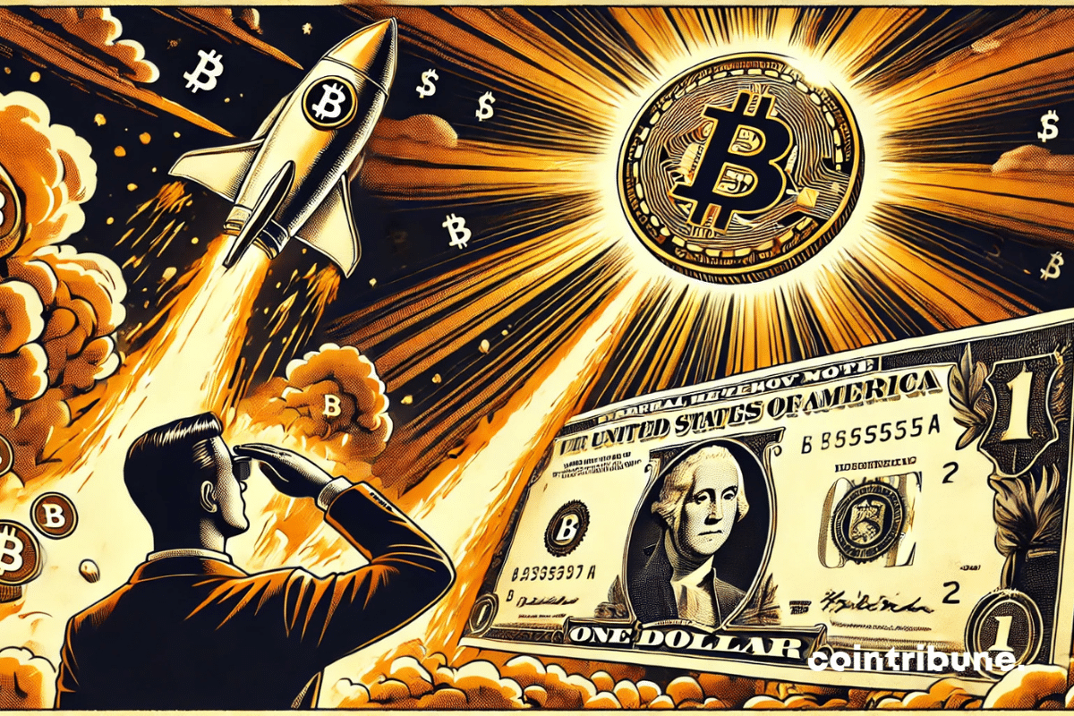 Un Bitcoin décollant comme une fusée tandis que le dollar s’effondre, capturant le contraste entre déclin et ascension.