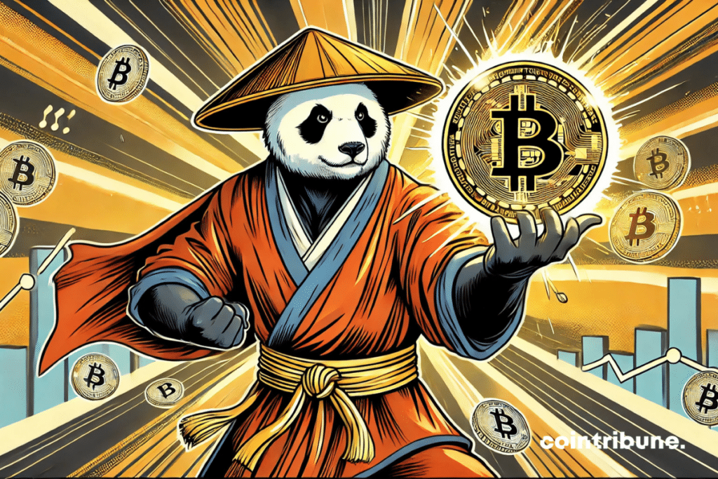 Un panda gigante sosteniendo un Bitcoin resplandeciente. Se pone de relieve el poder financiero de China.