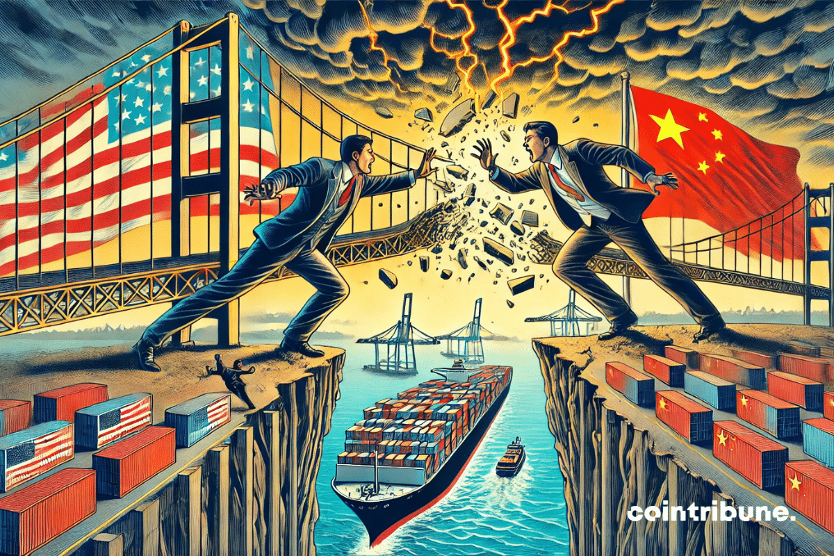 A collapsing trade bridge between the United States and China, with two businessmen desperately trying to reach each other.