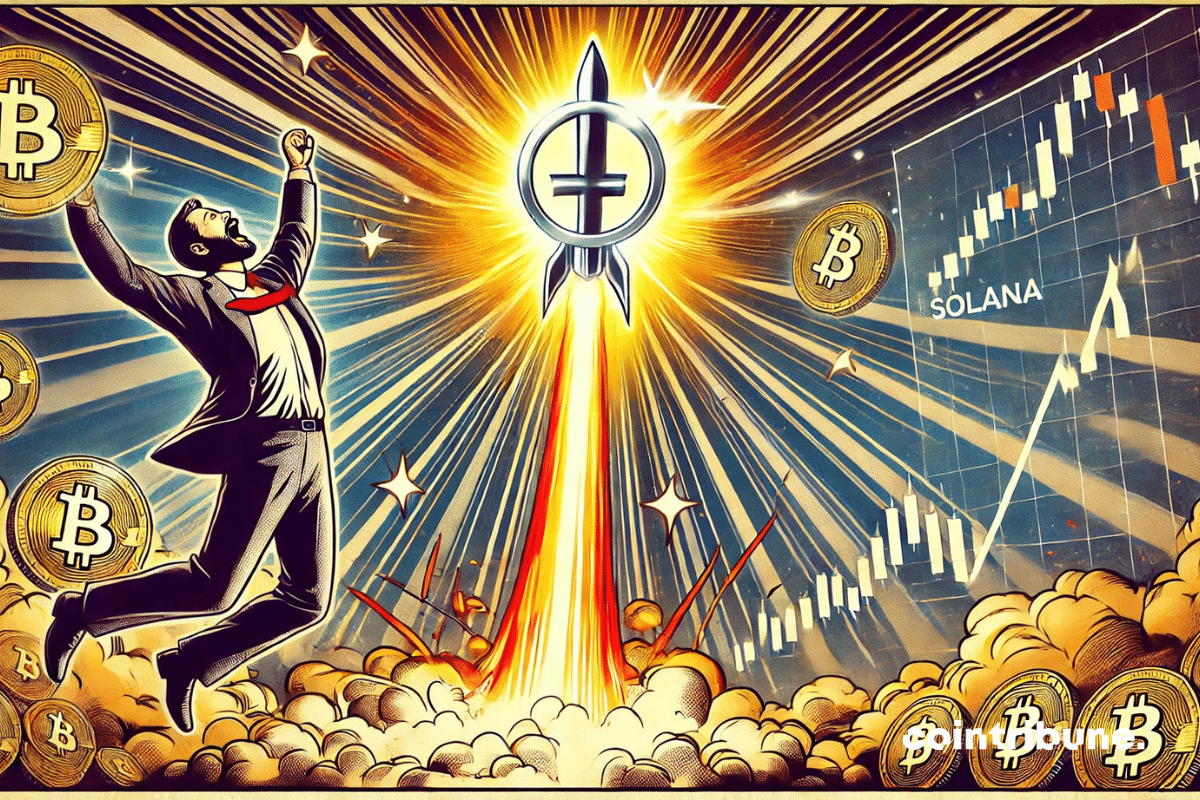 The Solana coin soaring like a rocket, with an euphoric crypto trader celebrating the price surge.