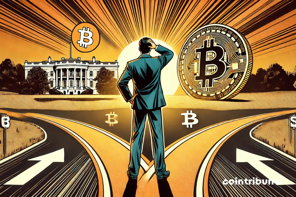 An investor facing a dilemma, hesitating between two paths symbolizing the rise or fall of Bitcoin, under the shadow of the White House after the crypto summit.