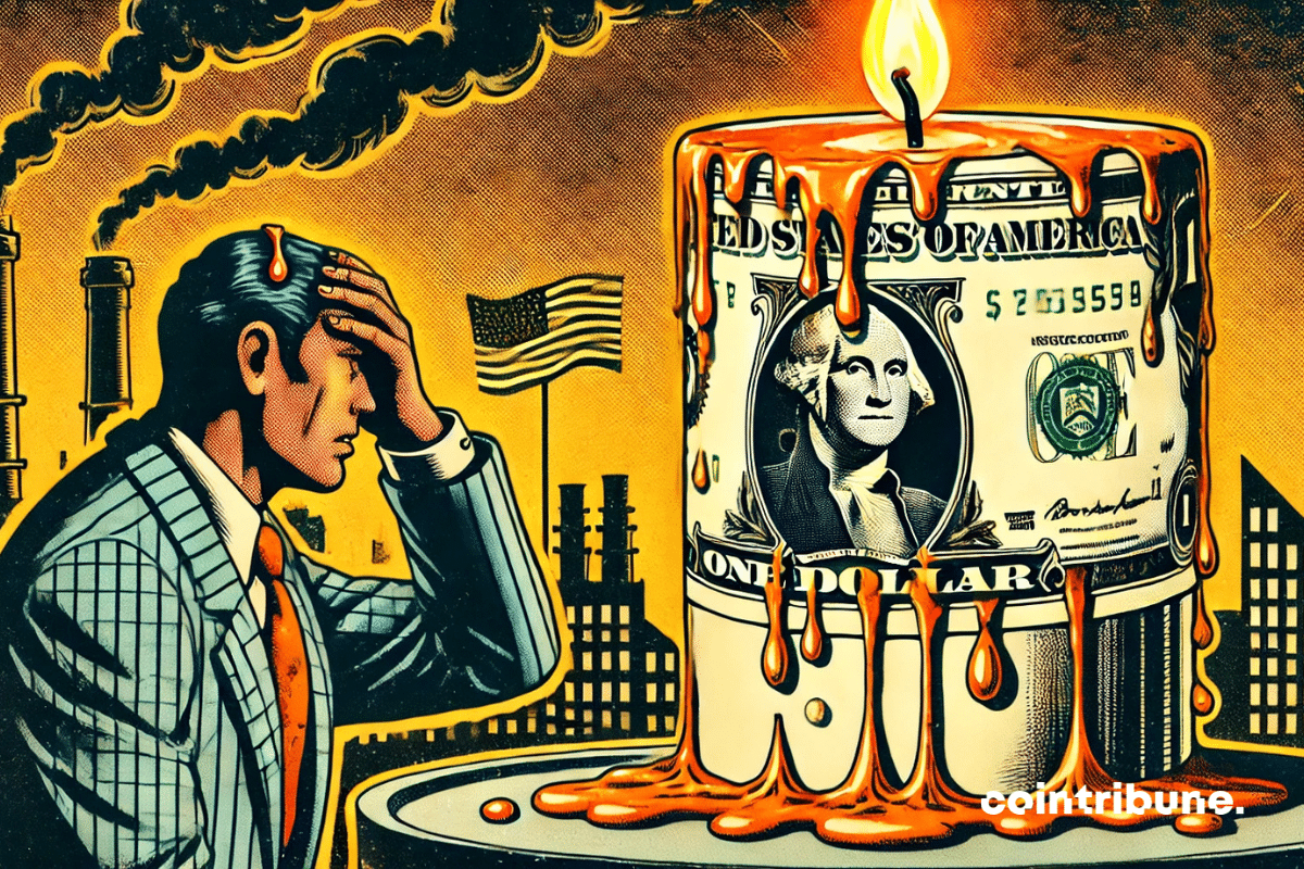 A worried businessman watching a giant dollar bill melt like a candle, symbolizing the decline of the economy due to stagflation.