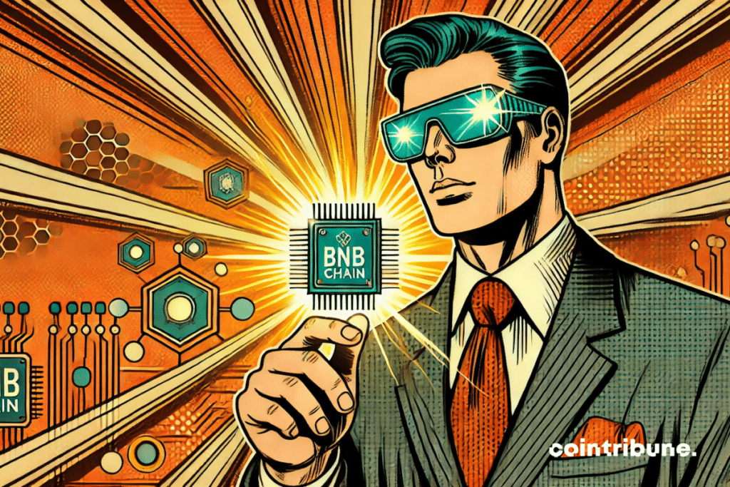 Crypto: The futuristic engineer holding a light chip with the BNB chain logo symbolizes the main update.