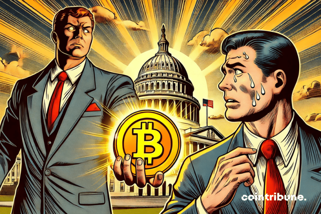 A Bitcoin supporter (Saylor) handing a huge glowing coin to a hesitant U.S. official, with the Capitol in the background.