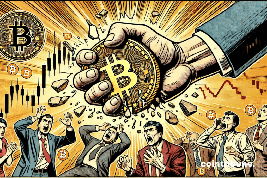 A giant hand (the Fed) crushing a cracked Bitcoin, with panicked traders in the background.