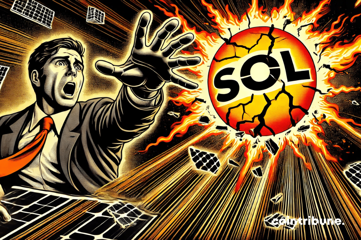 Crypto : Solana in free fall, cracked and surrounded by flames.