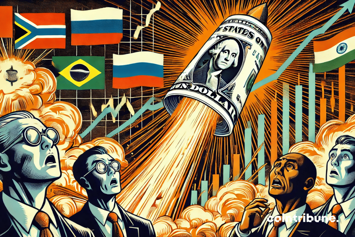 Le dollar-fusée s'envolant sous le regard anxieux des représentants des BRICS.