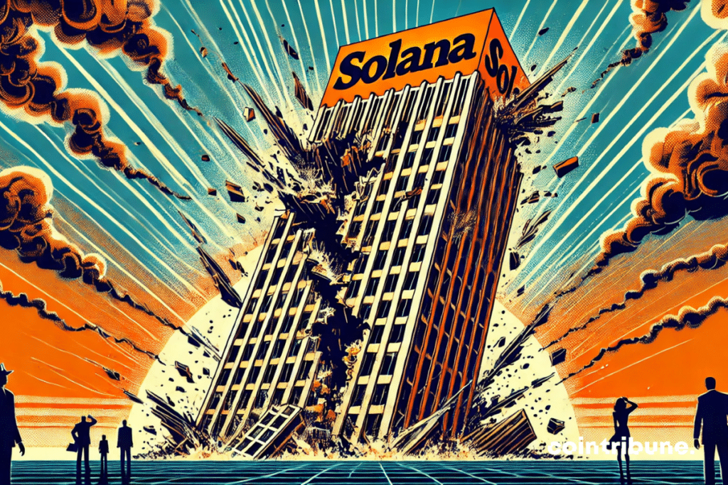 a collapsing Solana skyscraper, symbolizing the sharp drop in income.