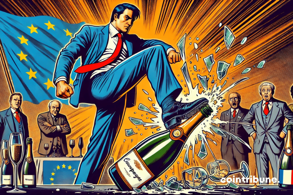 A powerful businessman crushing a bottle of European champagne, symbolizing the economic impact of the tax.