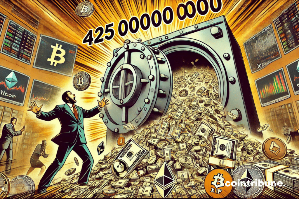 A vault unleashing a torrent of liquidity and cryptos, symbolizing the enormous potential of the upcoming altcoin rally thanks to Bitcoin!