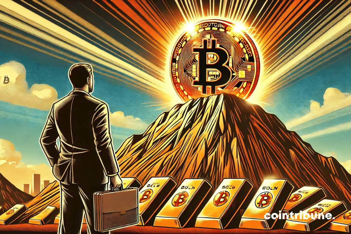 Le Bitcoin escaladant une montagne d’or, symbolisant son ascension et sa possible domination !