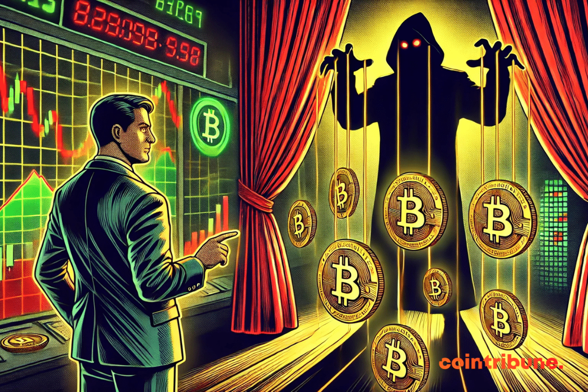 El Bitcoin, secretamente manipulado en la sombra, con una figura misteriosa (Trump) moviendo los hilos del mercado cripto.