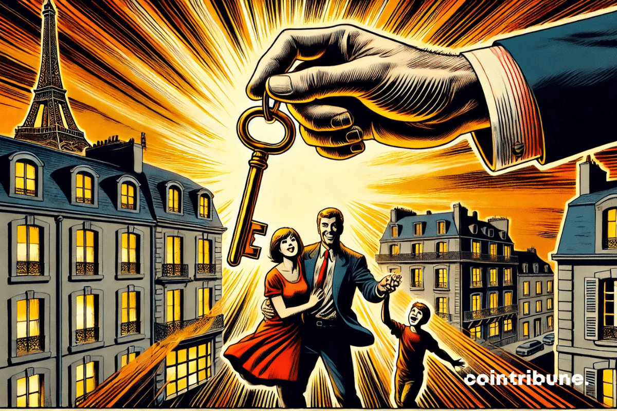 The Prêt à Taux Zéro key handed to a family in a French real estate setting.