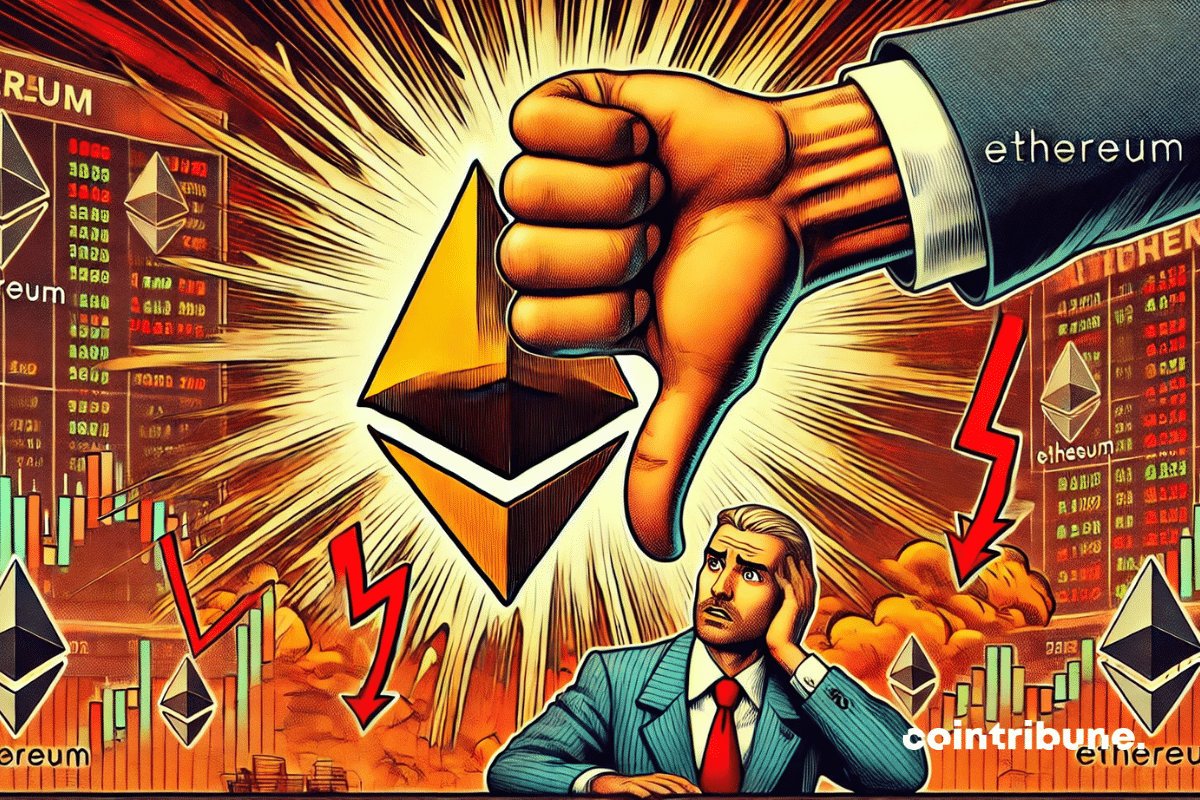 The Ethereum cryptocurrency cracked under a giant thumbs-down, symbolizing the drastic revision of forecasts.