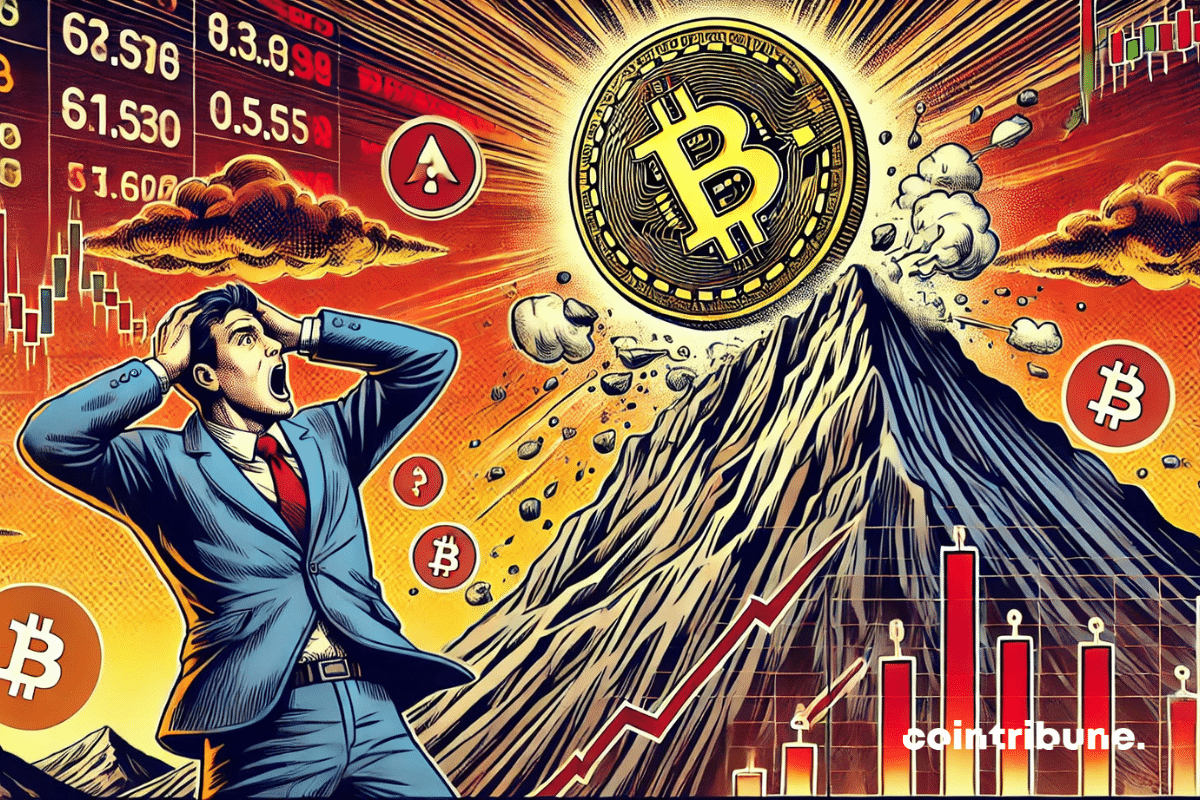 Bitcoin falling from a mountain, capturing the end of the bull run announced by CryptoQuant and the panic of investors.