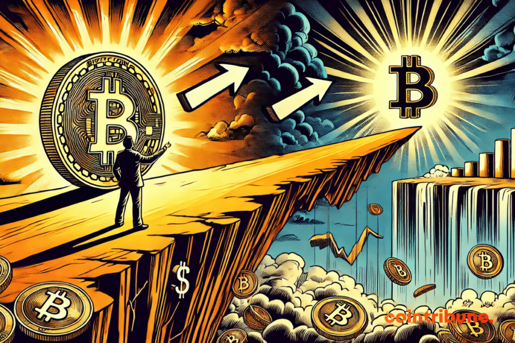 Bitcoin balanced on a cliff, facing two opposing paths, symbolizing the uncertainty between a rally and a crash linked to the Fed's decisions!