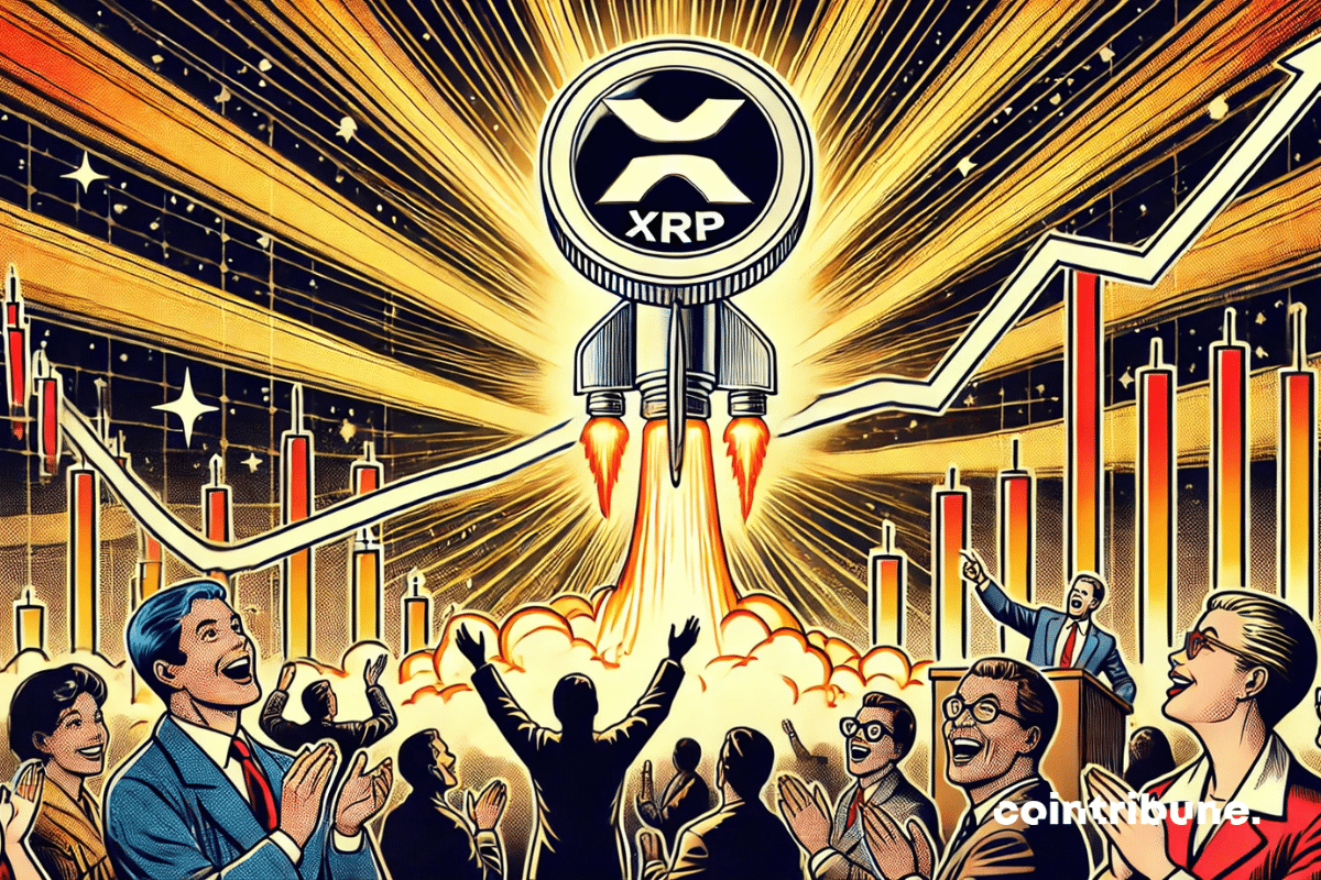 Cryptocurrency XRP soars like a rocket as investors watch in amazement, with a stock chart in the background.