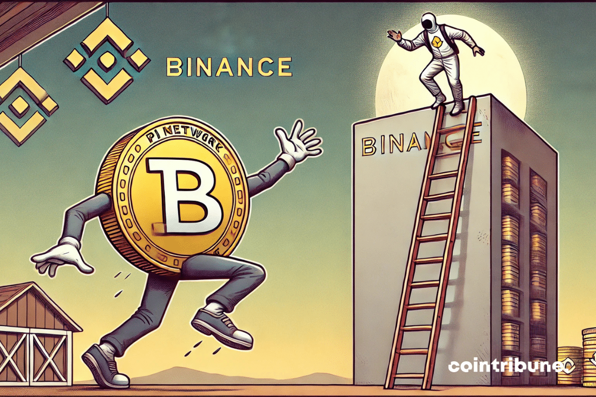 Crypto Pi Network is trying to reach Binance, but the last step is missing, illustrating a hurdle without over-dramatization.