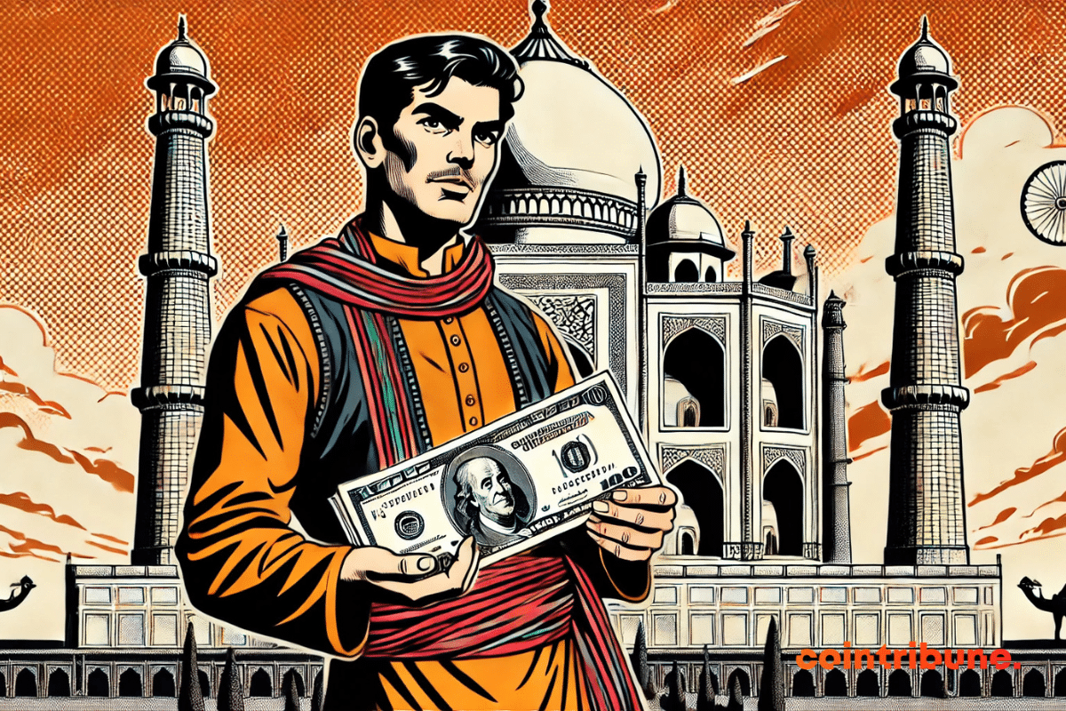 Un personnage en tenue traditionnelle de l'Inde se tient devant le Taj Mahal, tenant un billet de dollar avec une expression réfléchie.