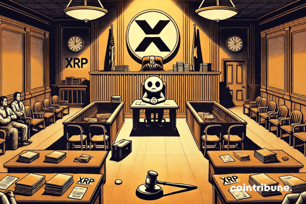 El tribunal vacío, impregnado de silencio y desilusión. La criptomoneda XRP, sola y desorientada en una sala vacía, encarna el final de una batalla entre Ripple y la SEC… sin aplausos.