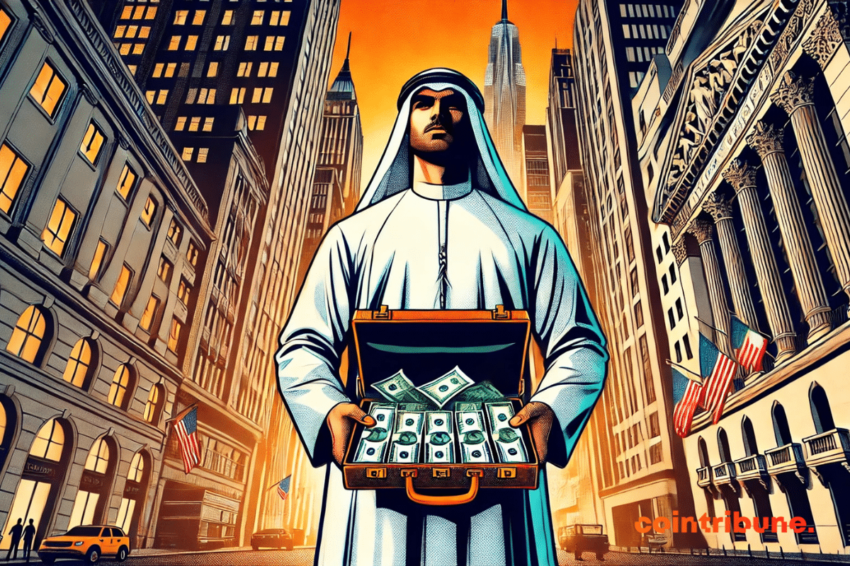 A figure dressed in traditional British garb stands at the heart of a stylized Wall Street, open suitcase filled with cash in hand.