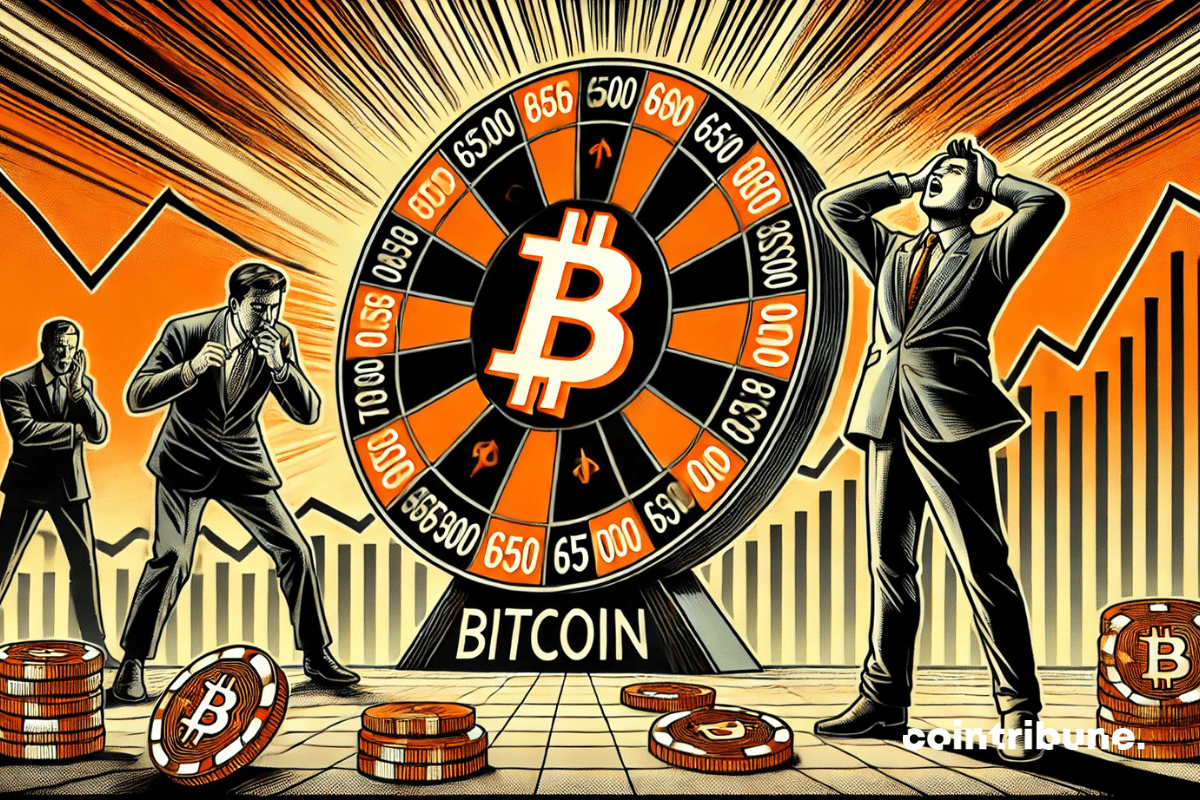 Bitcoin at the center of a wheel of fortune, torn between optimistic rise and anticipated fall. Two traders stare each other down, each betting in the opposite direction.