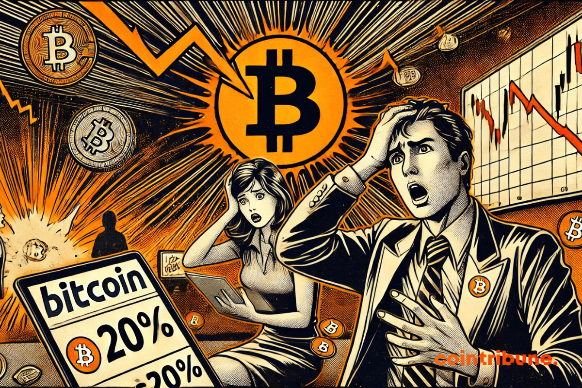 La chute brutale du Bitcoin, avec deux observateurs figés par l’angoisse.