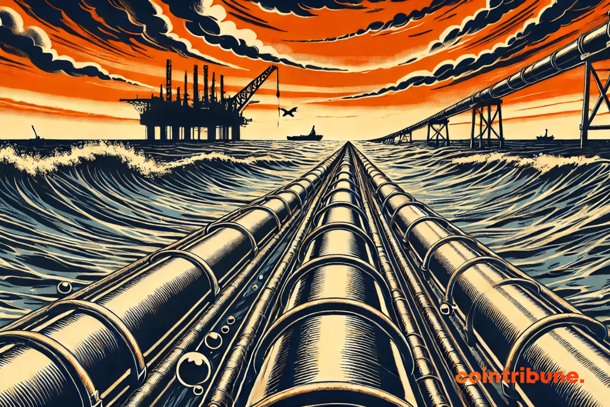 A pipeline at sea, in a dramatic and mysterious atmosphere, to evoke the geopolitical and ecological issues surrounding oil infrastructures.