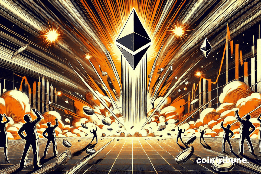 The Ethereum logo propelled like a rocket, bursting from a fractured floor of stock charts, before the bemused eyes of witnessing silhouettes.