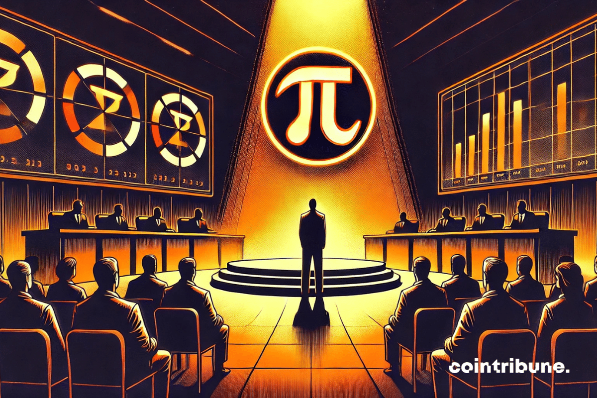 Pi Network in the dock, under the spotlight of a symbolic court, surrounded by anonymous authority figures representing crypto exchanges.