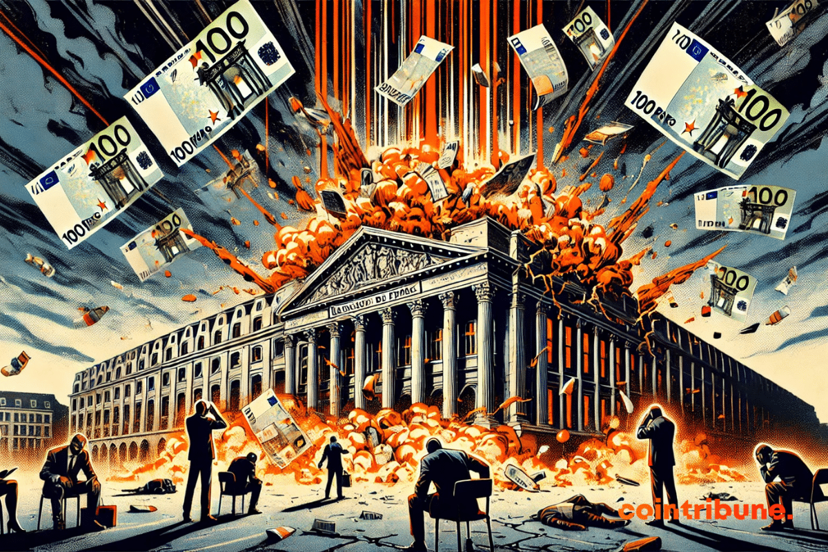 The Banque de France in ruins, crushed under giant banknotes representing a record loss of 17.7 billion euros. Shocked bankers and shrapnel from the building accentuate the intensity of the economic catastrophe.