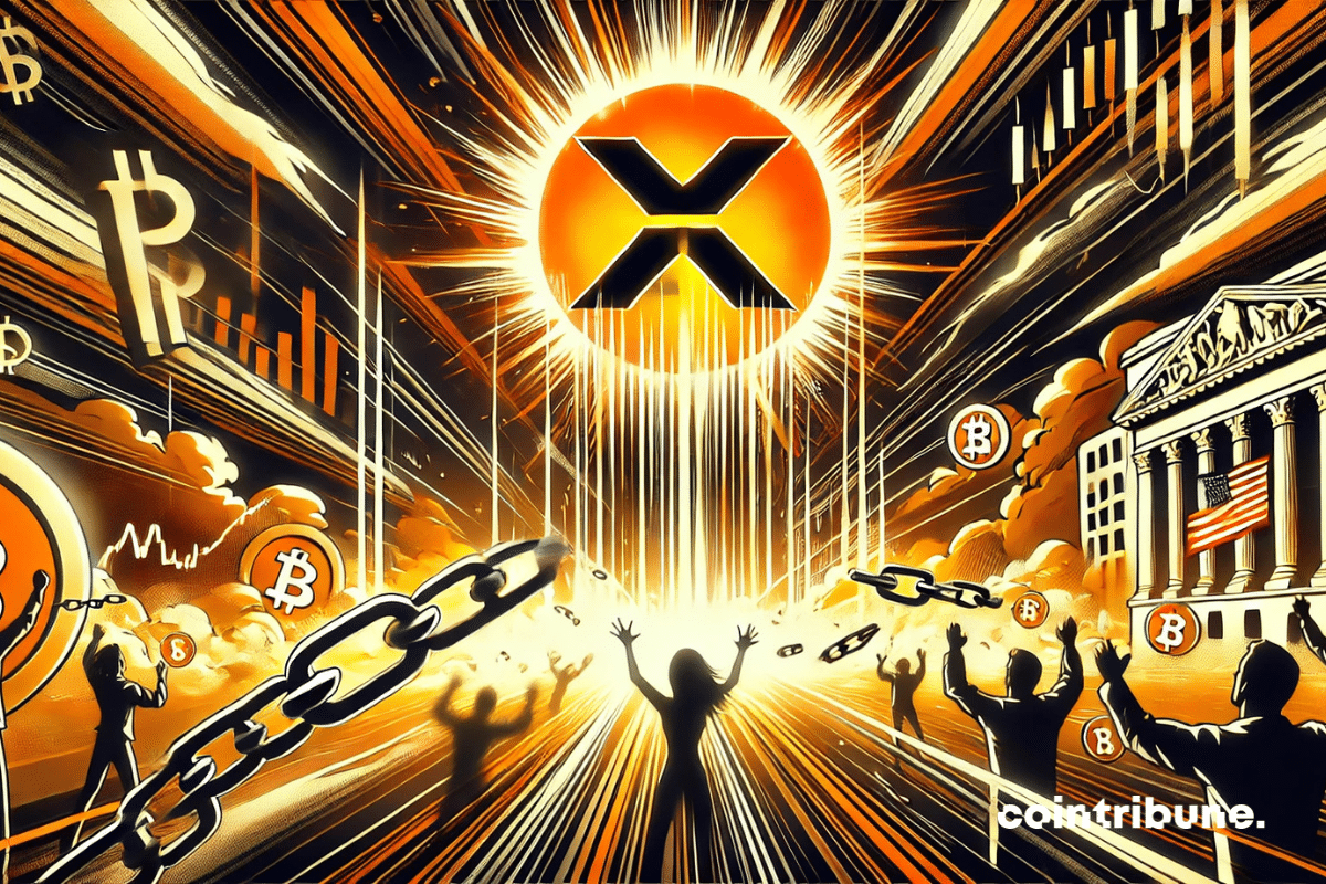 XRP soars to new financial heights after the SEC complaint is dropped, symbolized by flashes of light and broken chains. The rising financial chart, jubilant investors and IPO in the background reinforce the effect of victory and euphoria.