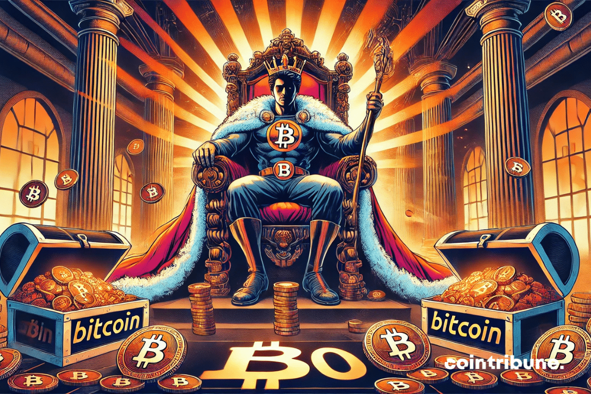 King bitcoin sits on his throne surrounded by treasures