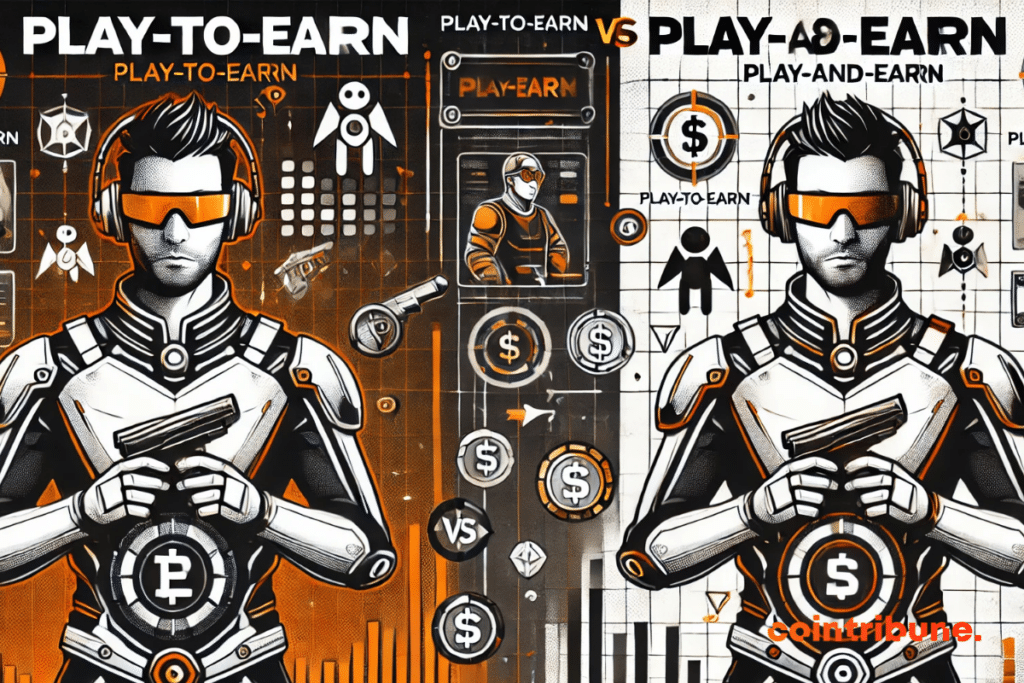 image avec un éclair énergétique central, séparant les deux visions du Play-to-Earn et du Play-and-Earn