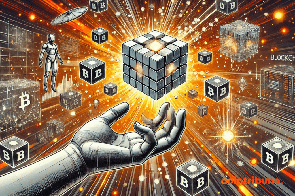 illustration mettant en avant une main cybernétique tenant un cube numérique représentant la blockchain, avec un univers numérique dynamique en arrière-plan