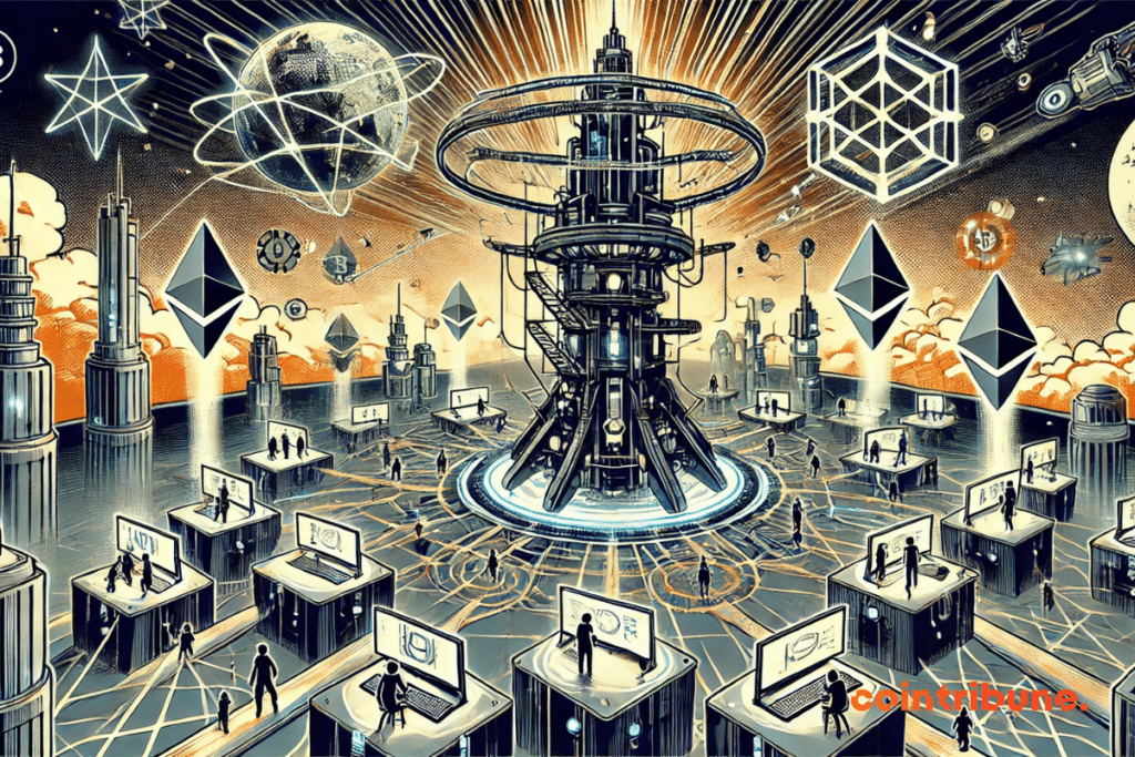 illustration avec un hub central sous forme de tour numérique futuriste, entouré de joueurs interconnectés via des passerelles holographiques, représentant les plateformes Web3