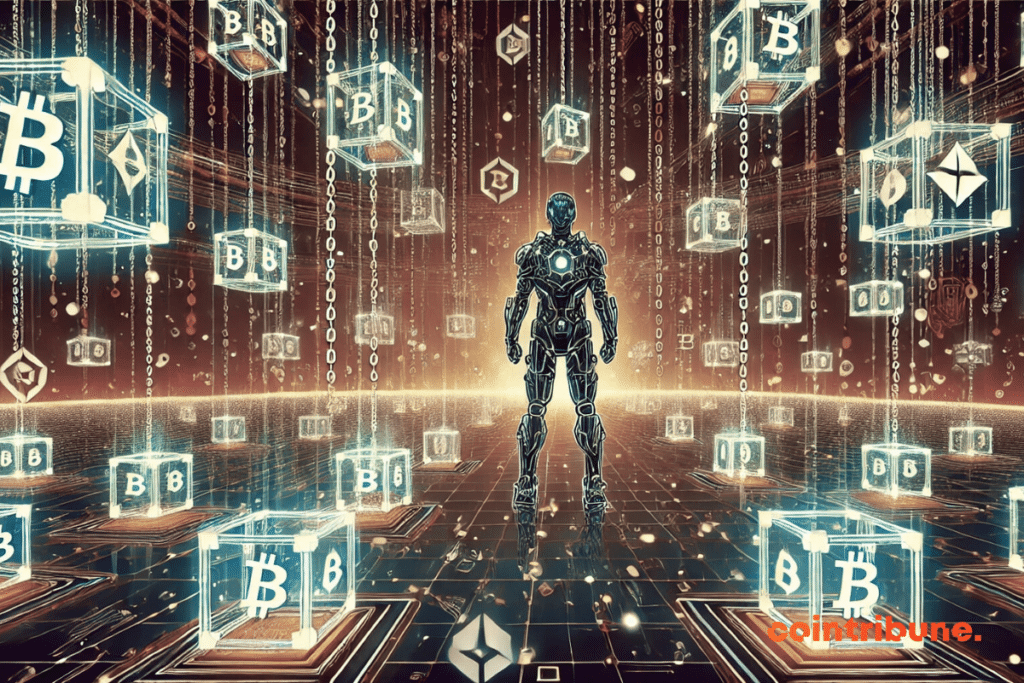 illustration représentant les blockchains les plus utilisées pour le gaming, avec un personnage futuriste entouré de chaînes de blocs holographiques et un réseau numérique interconnecté.